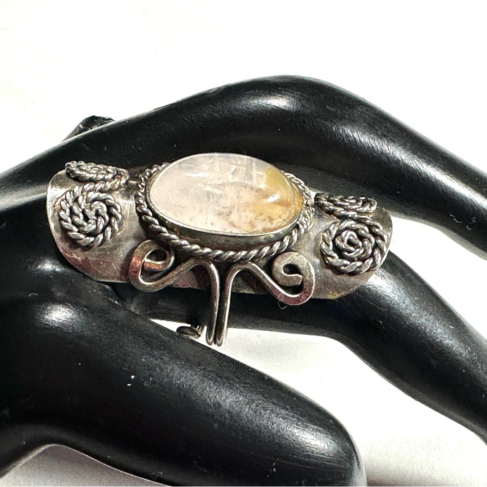 5/$40 Long Full Finger Ring Silver Tone Agate Stone Native American Shield Look
